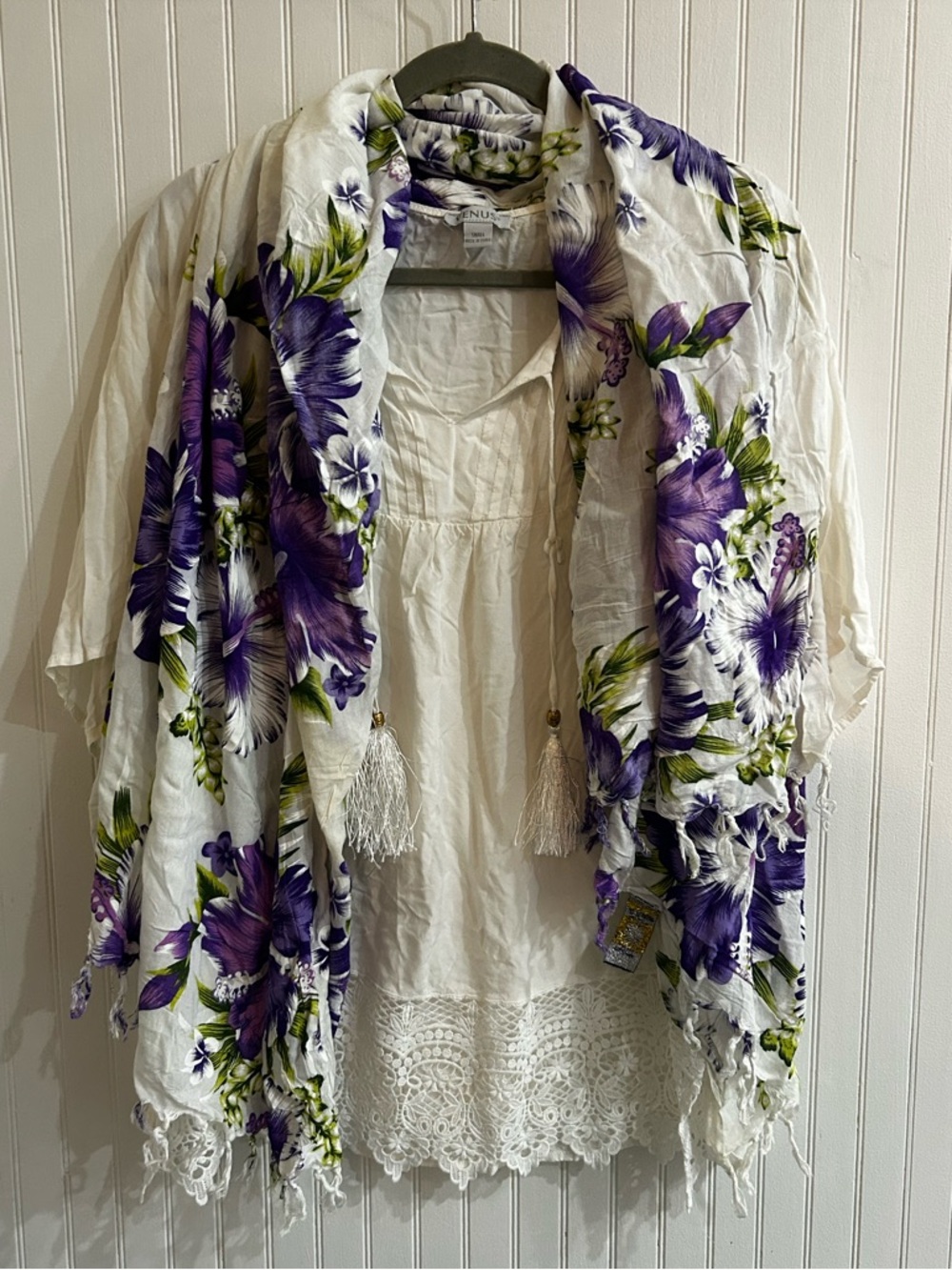 Boho White Lace Tunic + Tropical Floral Sarong Coverup Set Small